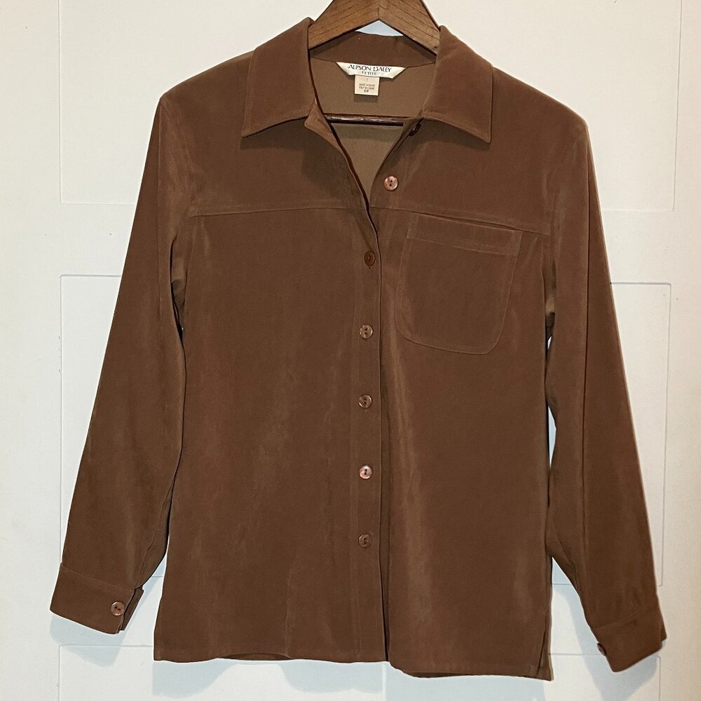 Allison Daley Women's Petite 6P Faux Suede Button-Up‎ Shacket Top Brown Boho